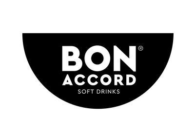 A black semicircle with the words 'Bon Accord soft drinks' inside in white text